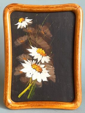 Original Oil Painting Vintage Daisies Flower Power Art Mid Century Wood Frame